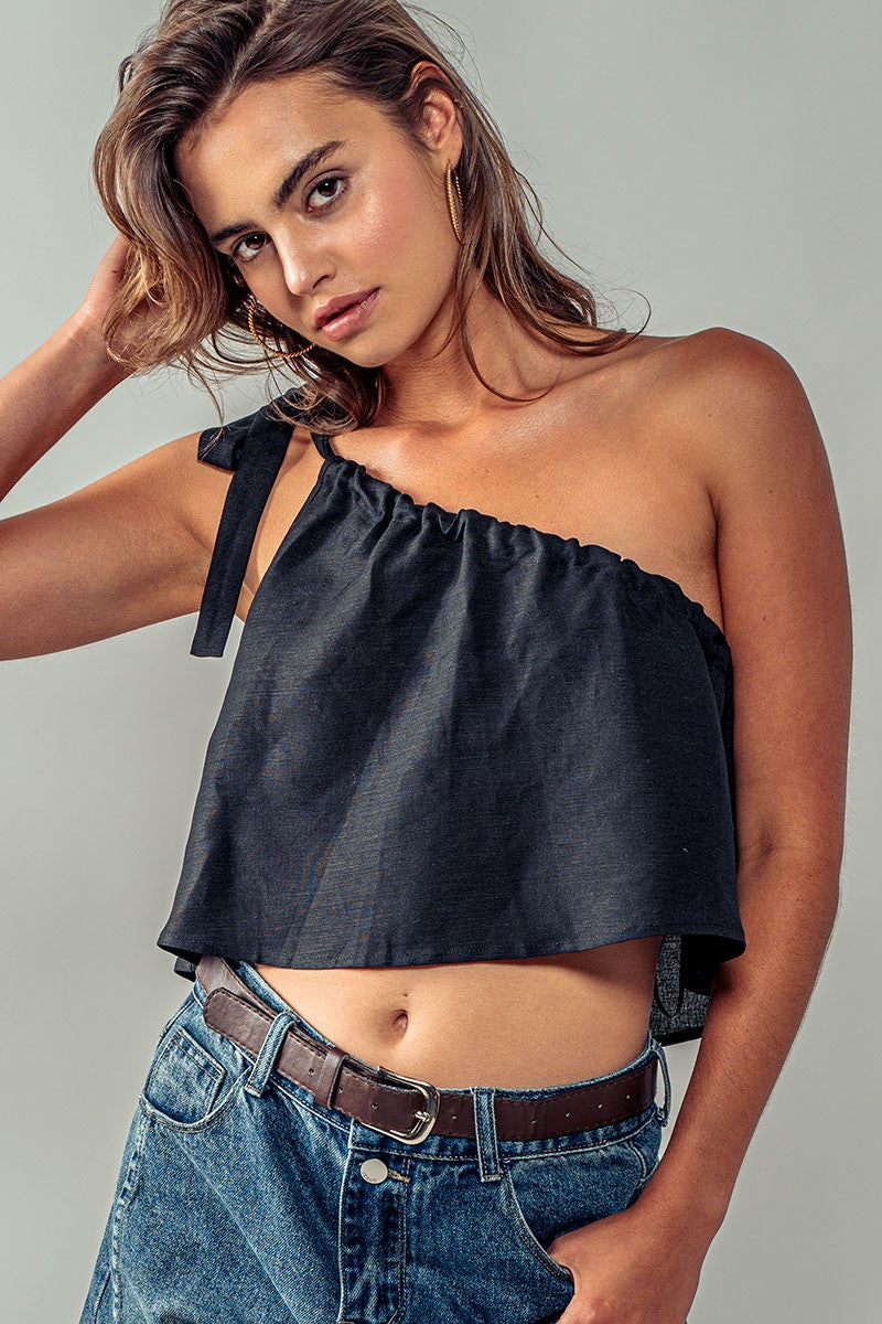 One Off Shoulder Tie Crop Linen Top