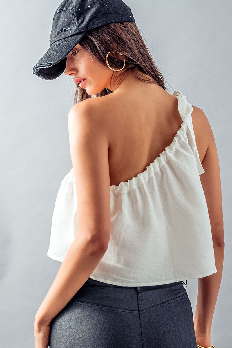 One Off Shoulder Tie Crop Linen Top