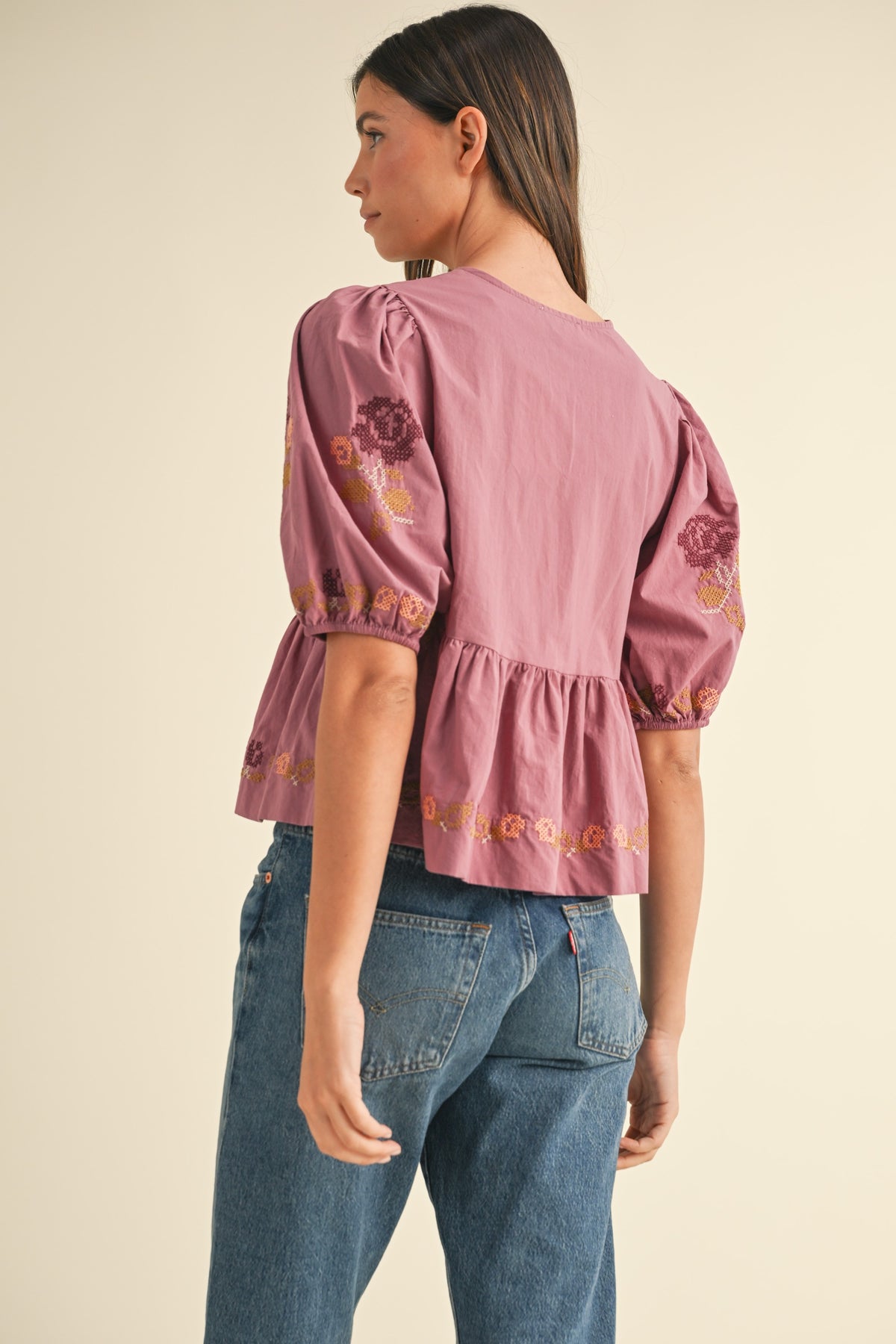 Embroidered Puff Sleeve Front Tie Peplum Top