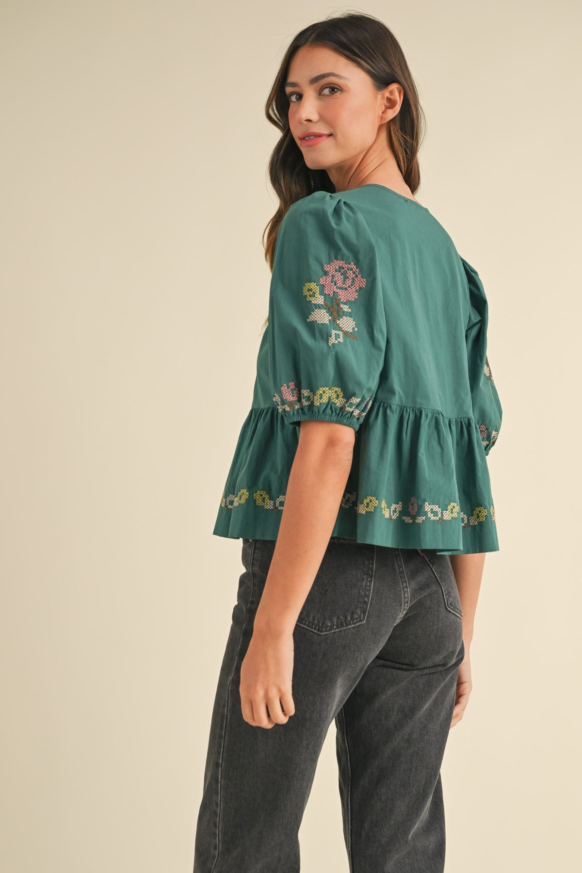 Embroidered Puff Sleeve Front Tie Peplum Top