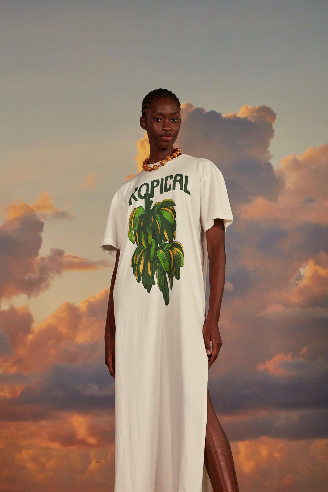 Tropical Off-White T-Shirt Dress