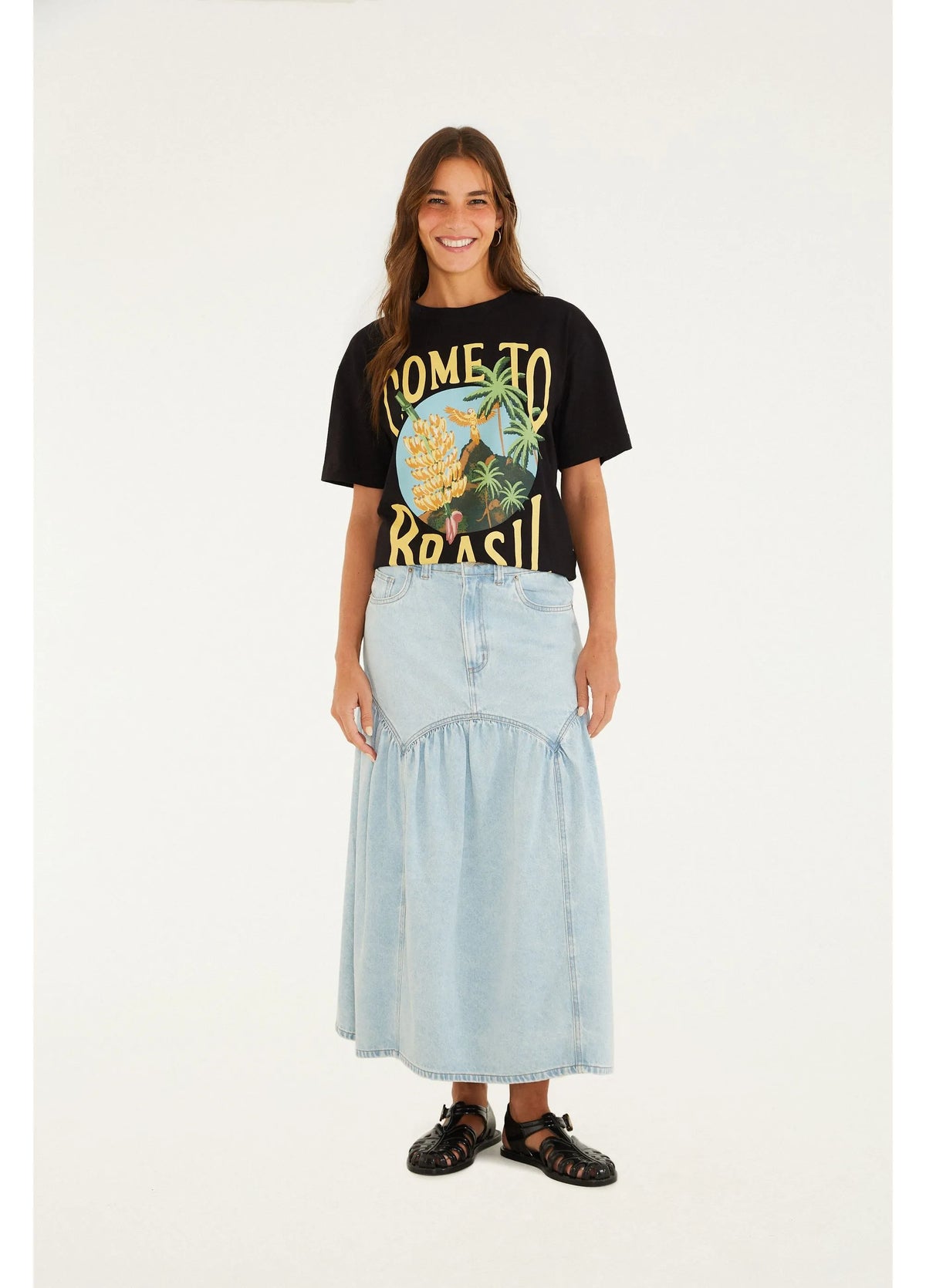 Saia Midi Jeans Pala Curva Franzida