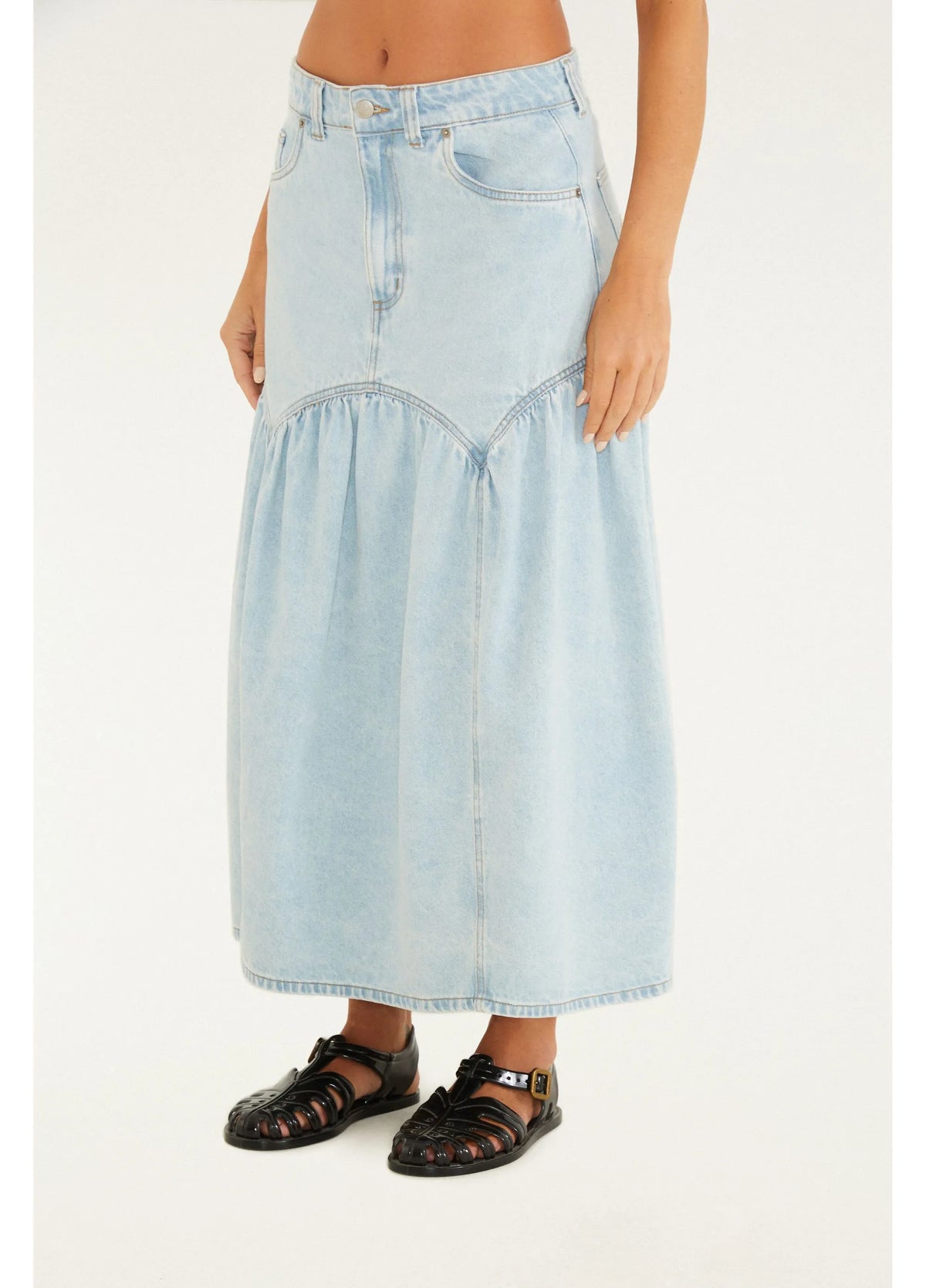 Saia Midi Jeans Pala Curva Franzida