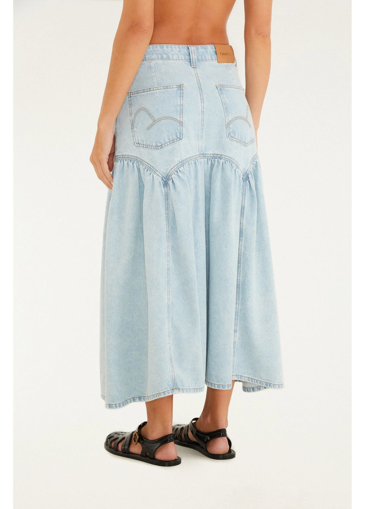 Saia Midi Jeans Pala Curva Franzida