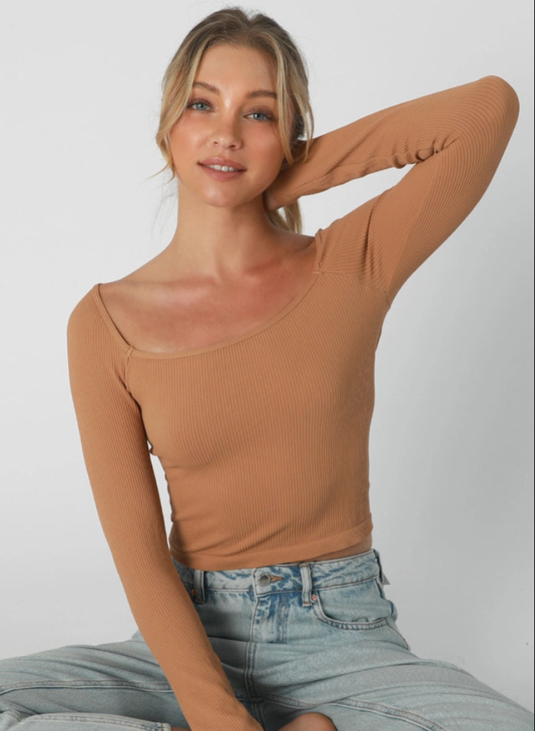 Ribbed Long Sleeve Square Neck Top