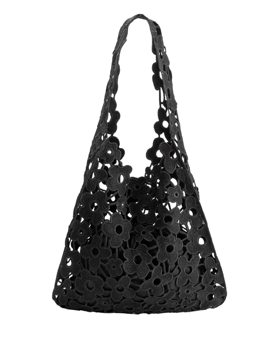 Aster Black Floral Cotton Tote Bag