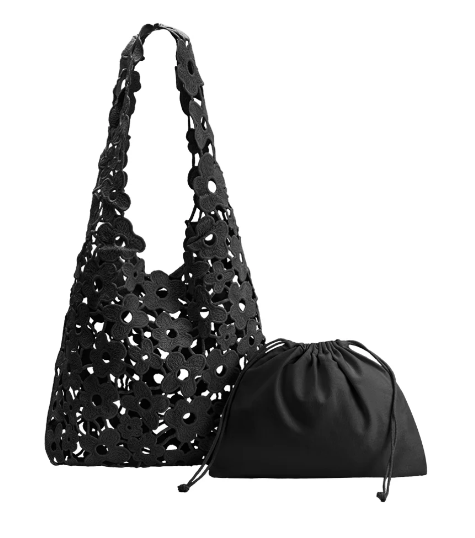Aster Black Floral Cotton Tote Bag