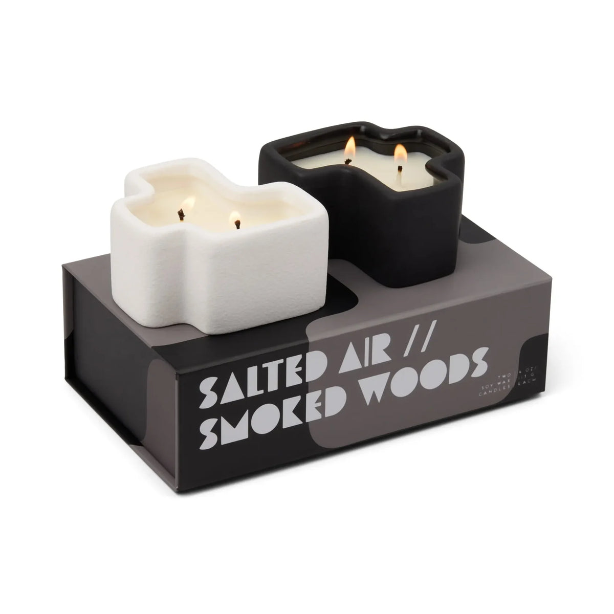 Boxed Set of 2 Jigsaw 4 Oz Candles - White And Black - Salted Air & Smoked Woods