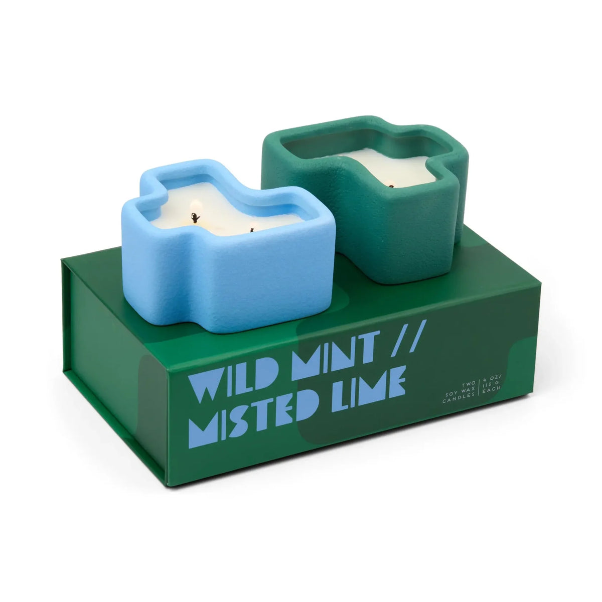 Boxed Set of 2 Jigsaw 4 Oz Candles - Green  and Blue - Wild Mint & Misted Lime