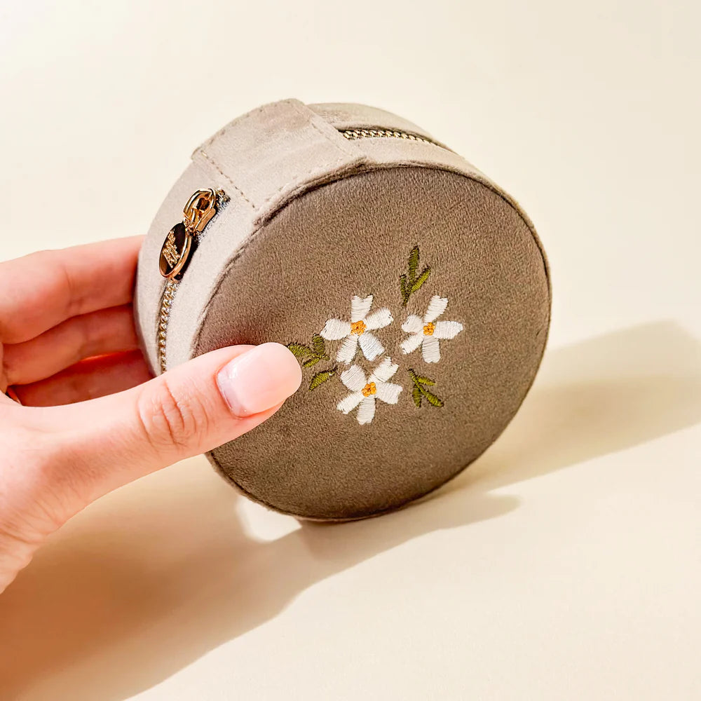 Round Velvet Jewelry Case - Floral Tan