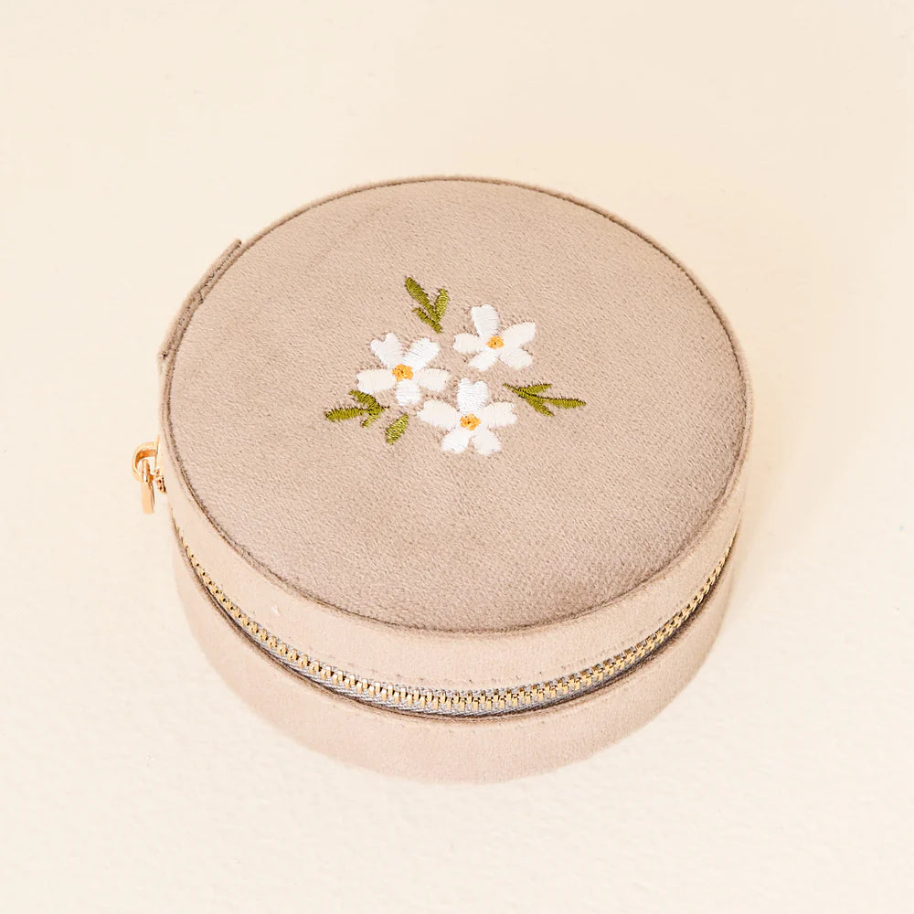 Round Velvet Jewelry Case - Floral Tan