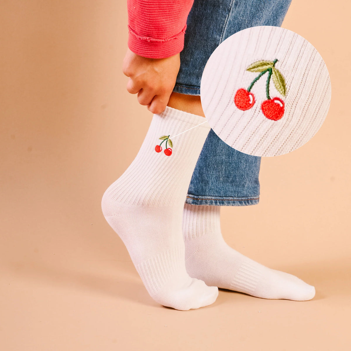 Embroidered Crew Socks - Cherries