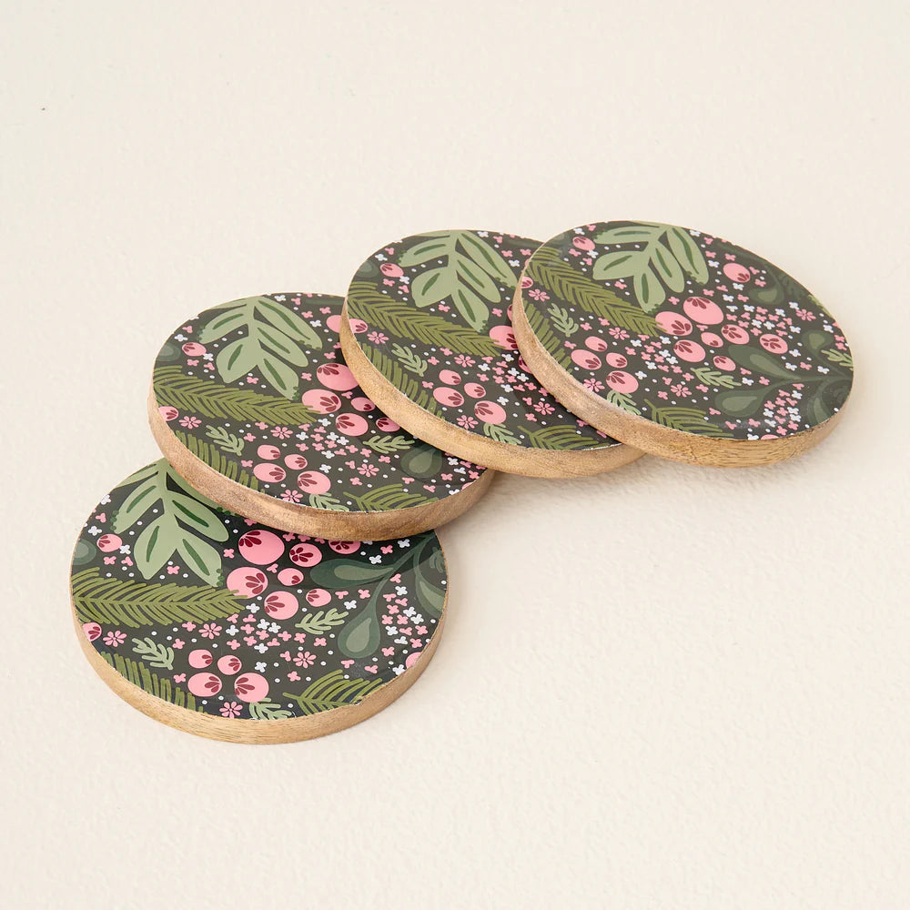 Wood Coaster Set - Jolly Sprig Green