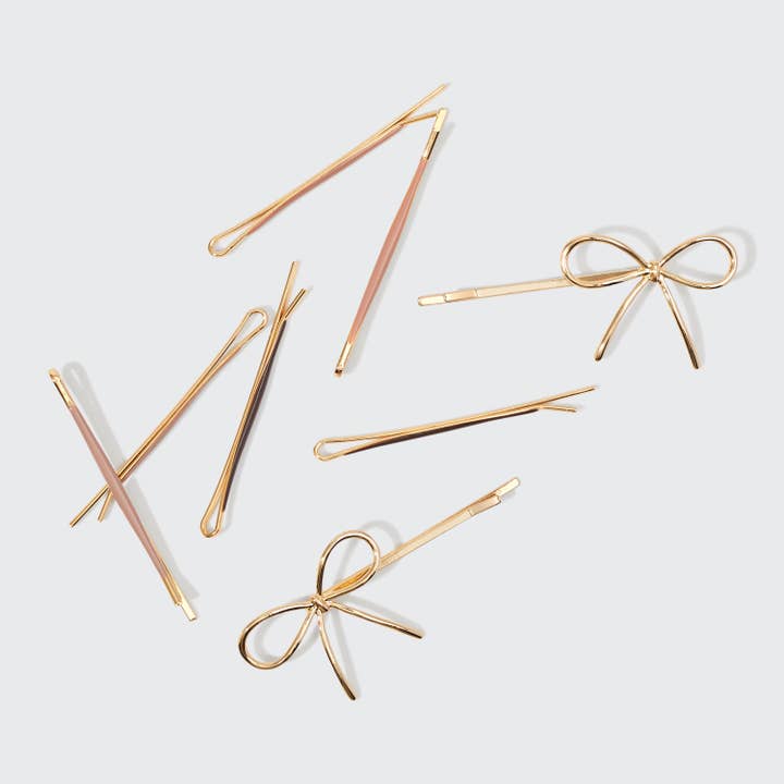 Metal Enamel Cloud &amp; Bow Bobby Pins 8pc Set - Rosewood