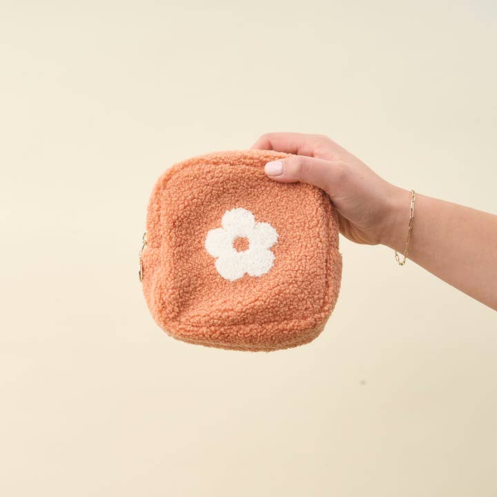 Square Flower Peach Teddy Pouch